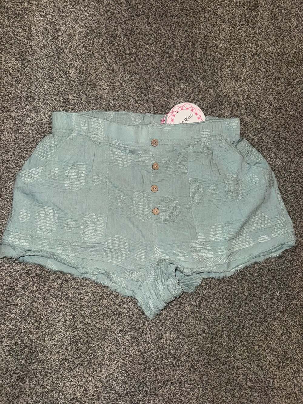 Umgee Textured Gauze Shorts Sage Green Button Front Elastic Waist Size S